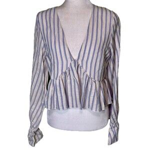 Women Striped Peplum Blouse Cropped Long Sleeve Romantic Coquette Top Size M NEW